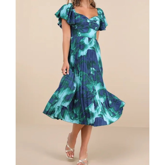 Lulus Dresses & Skirts - Lulus Midi Dress Blue Green Tie Dye Pleated Flutter Sleeve Square Neck XL